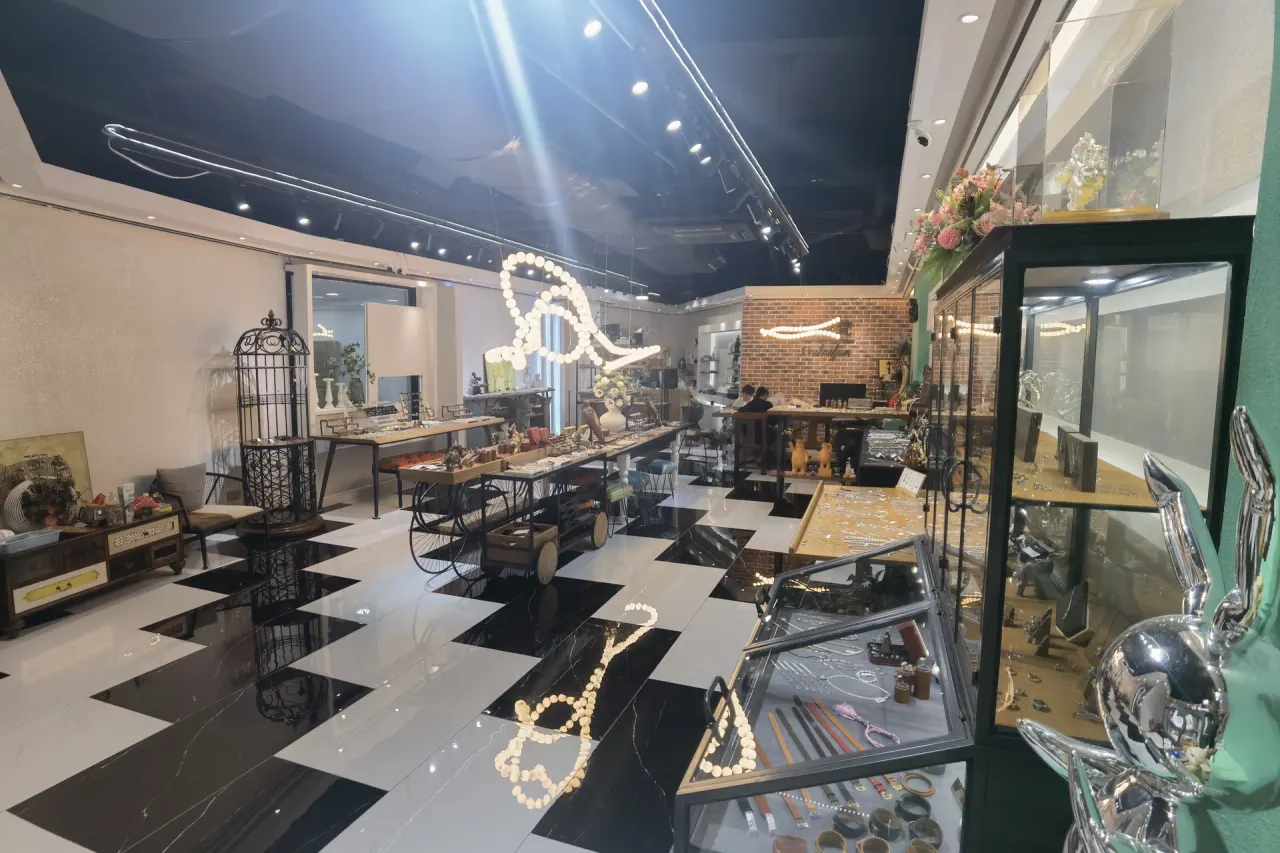 Jewelry showroom with silver jewelry displays