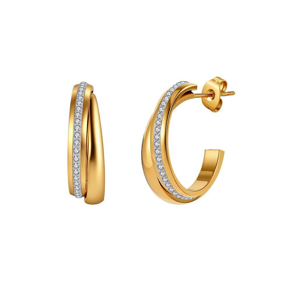 Gold-plated 304 stainless steel curved hoop earrings with cubic zirconia