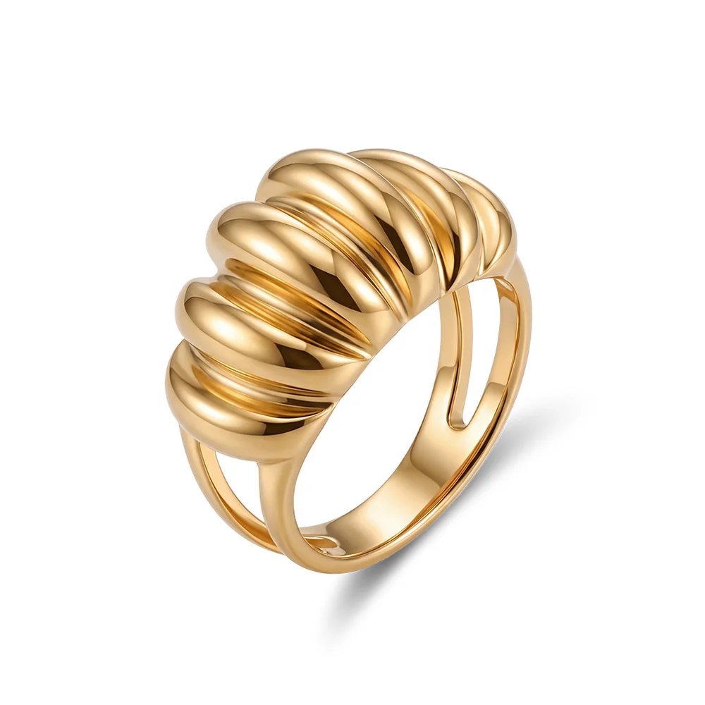Gold-tone ribbed stainless steel statement ring